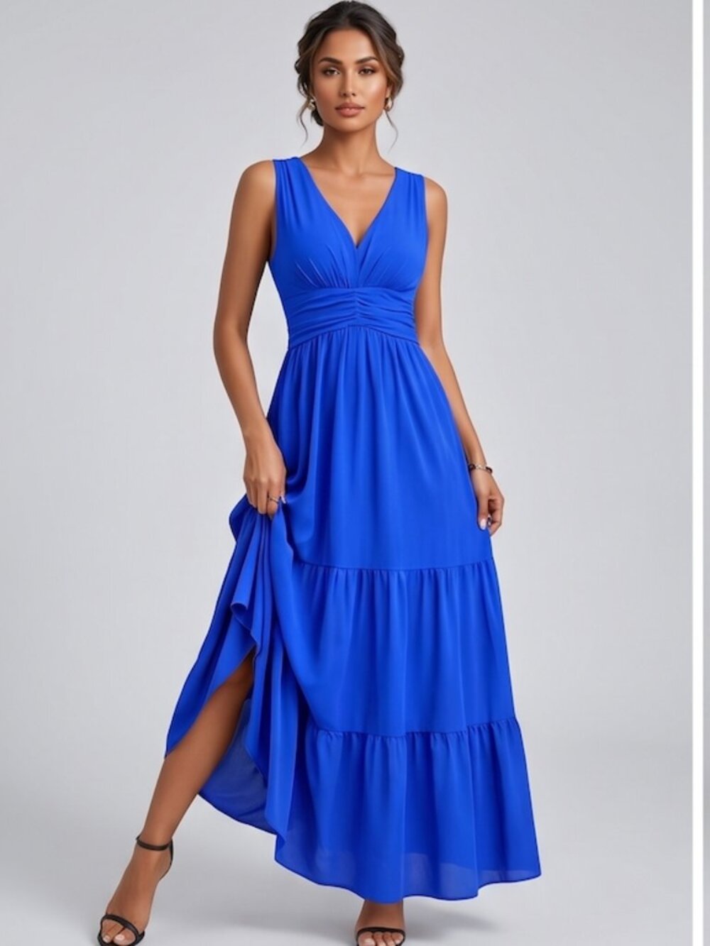 Boho V-Neck Pleated Waist Dress Blue
